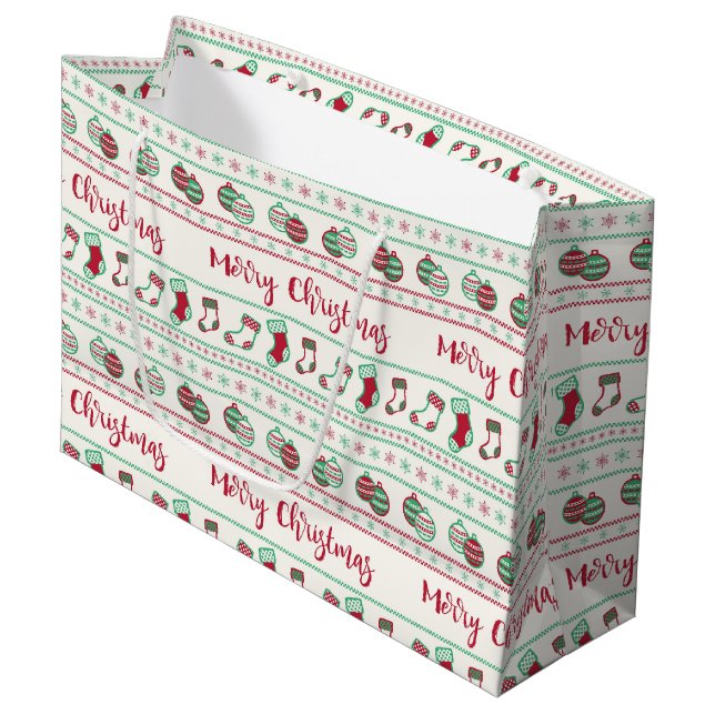 Ugly Christmas Sweater Pattern Holiday Large Gift Bag (Front Angled)