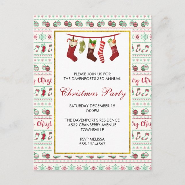 Ugly Christmas Sweater Pattern Party Invite Postcard (Front)
