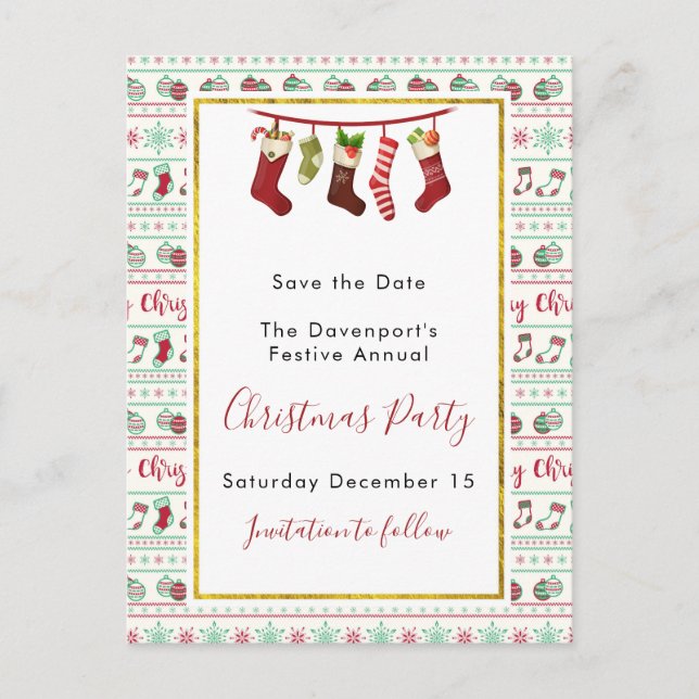 Ugly Christmas Sweater Pattern Save The Date Postcard (Front)