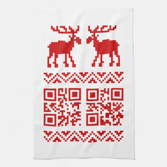 Ugly Christmas Sweater QR Code Happy New Year ! Tea Towel (Vertical)