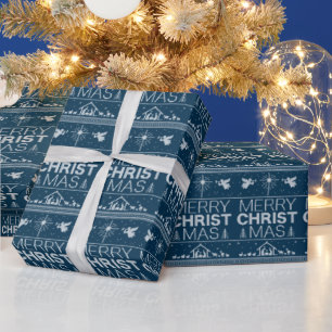 Ugly Christmas Sweater Religious Christian Blue Wrapping Paper