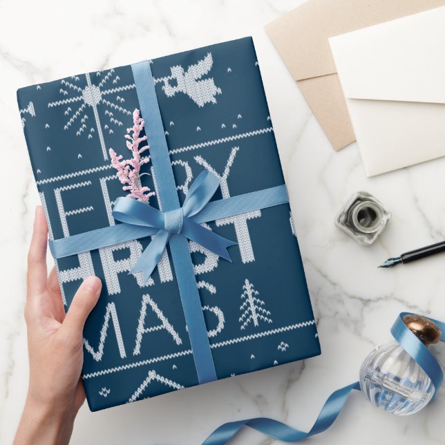 Ugly Christmas Sweater Religious Christian Blue Wrapping Paper (Gifting)