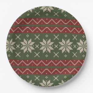 Ugly Christmas Sweater Scandinavian Knit Red Green Paper Plate