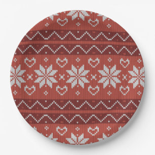 Ugly Christmas Sweater Scandinavian Knit Red Heart Paper Plate