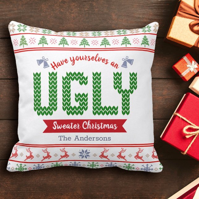 Ugly Christmas Sweater Tacky Nordic Red Green Knit Cushion (Creator Uploaded)