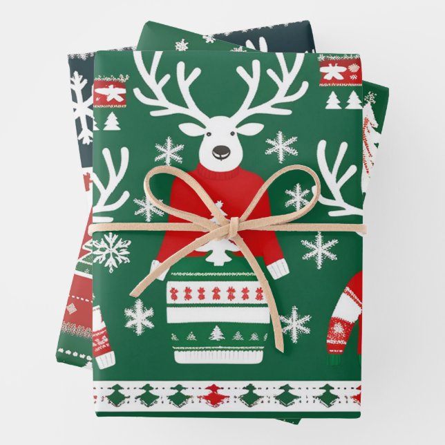 Ugly Christmas Sweater Wrapping Paper, Red & Green Paper Sheet (In situ)