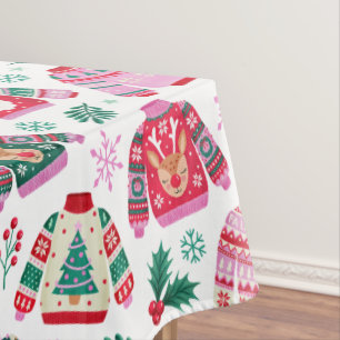 Ugly Christmas Sweaters With Santa and Reindeer Tablecloth