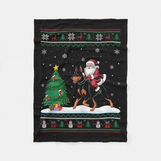 Ugly Christmas Tree Light Santa Riding Doberman Pi Fleece Blanket (Front)