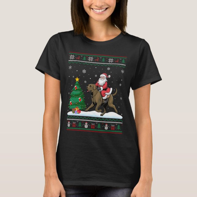 Ugly Christmas Tree Lights Xmas Santa Riding Afado T-Shirt (Front)