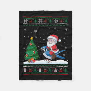 Ugly Christmas Tree Lights Xmas Santa Riding Blue  Fleece Blanket