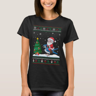 Ugly Christmas Tree Lights Xmas Santa Riding Blue T-Shirt