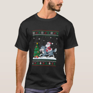 Ugly Christmas Tree Lights Xmas Santa Riding Wolf T-Shirt
