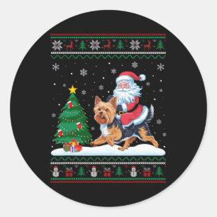 Ugly Christmas Tree Lights Xmas Santa Riding Yorki Classic Round Sticker