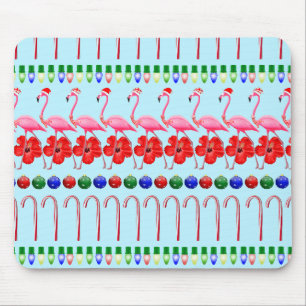 Ugly Christmas Tropical Pink Flamingos on Light Bl Mouse Pad