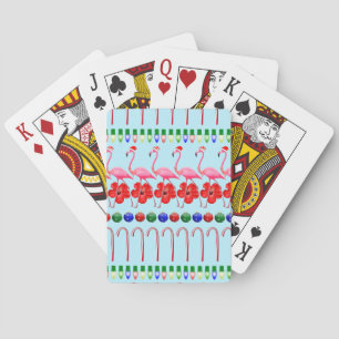 Ugly Christmas Tropical Pink Flamingos on Light Bl Playing Cards