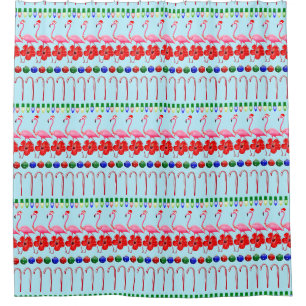 Ugly Christmas Tropical Pink Flamingos on Light Bl Shower Curtain