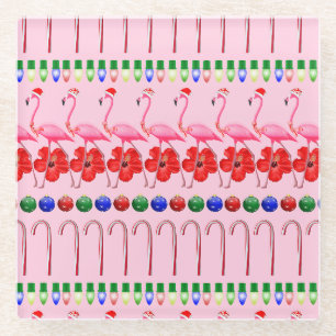 Ugly Christmas Tropical Pink Flamingos on Pink Glass Coaster