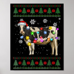 Ugly Cow Christmas Sweater Santa Hat And Light Up  Poster