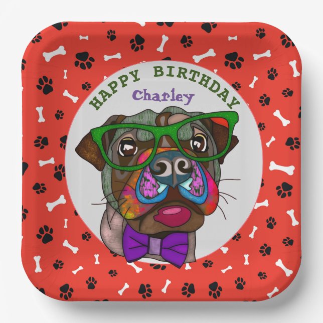 Ugly dog face Pug birthday Paper Plates (Front)
