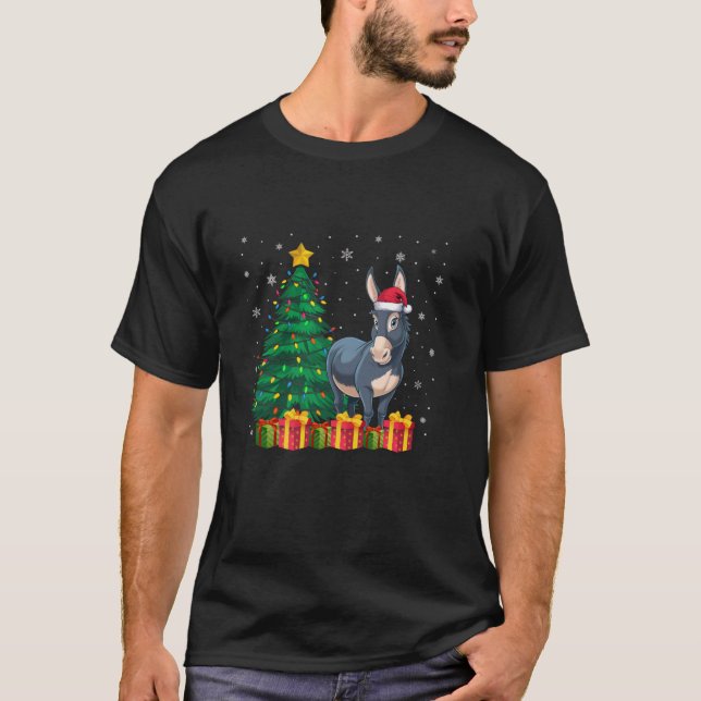 Ugly Donkey Santa Hat Christmas Tree Lights Pajama T-Shirt (Front)