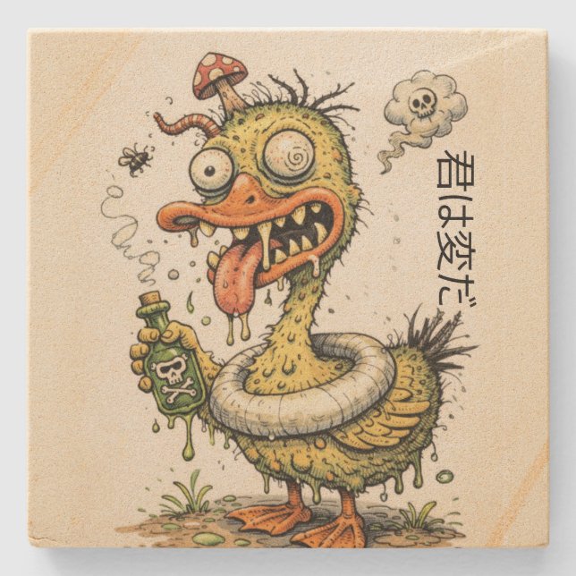 Ugly drunk duck monster Funny cartoon artwork Stone Coaster (Front)