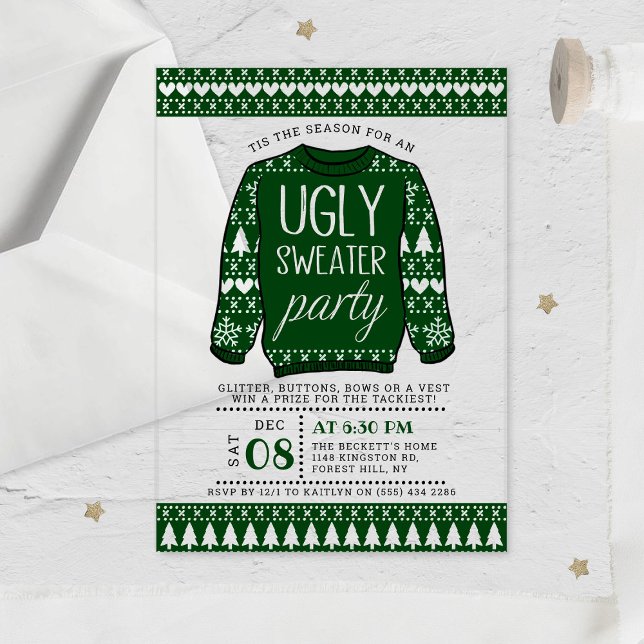Ugly Green Christmas Sweater Holiday Party Acrylic Invitations (Creator Uploaded)
