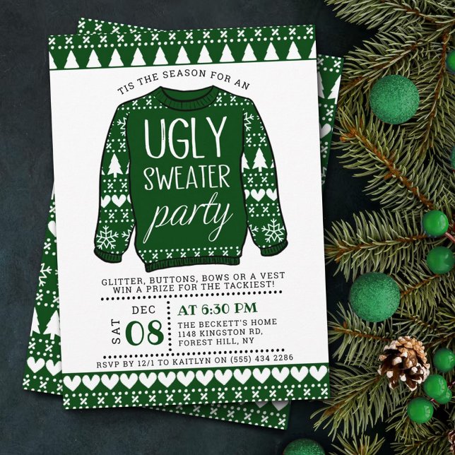 Ugly Green Christmas Sweater Holiday Party Invitation (Creator Uploaded)