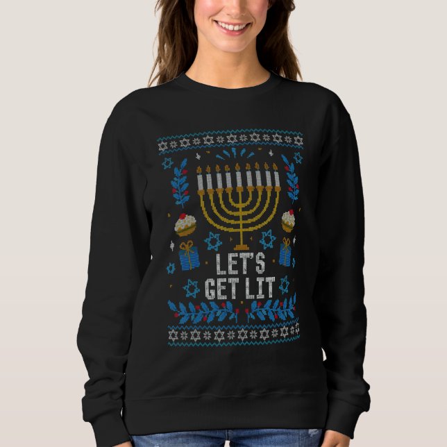 Ugly Hanukkah Sweater Lets Get Lit Menorah Men Wom (Front)