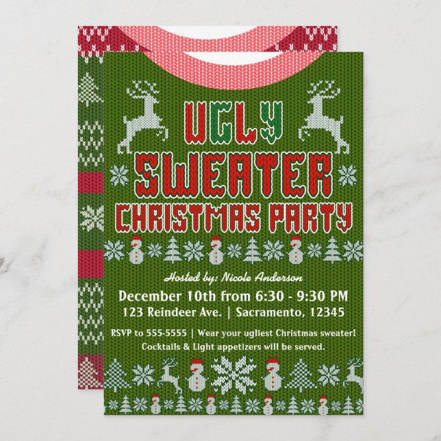 Ugly Knit Sweater Christmas Party Red & Green Invitation (Front/Back)