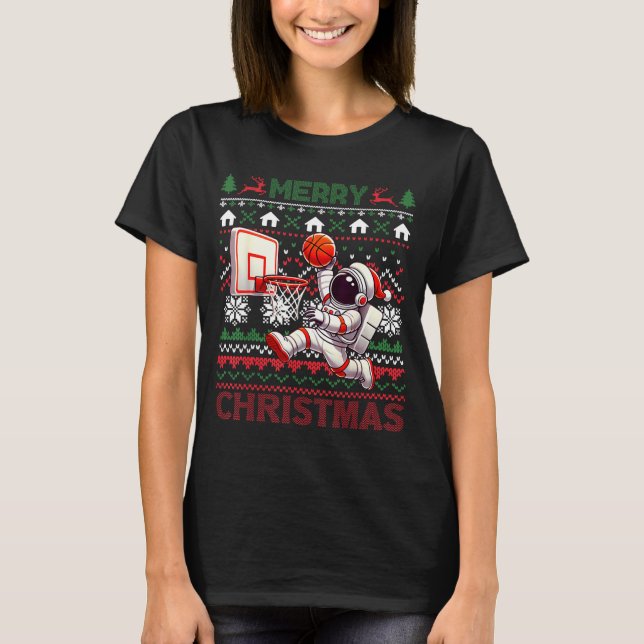 Ugly Merry Christmas Astronaut Dunk Santa Hat Snow T-Shirt (Front)