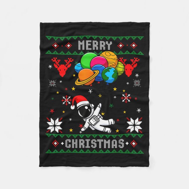 Ugly Merry Christmas Santa Hat Tree Astronaut Hold Fleece Blanket (Front)