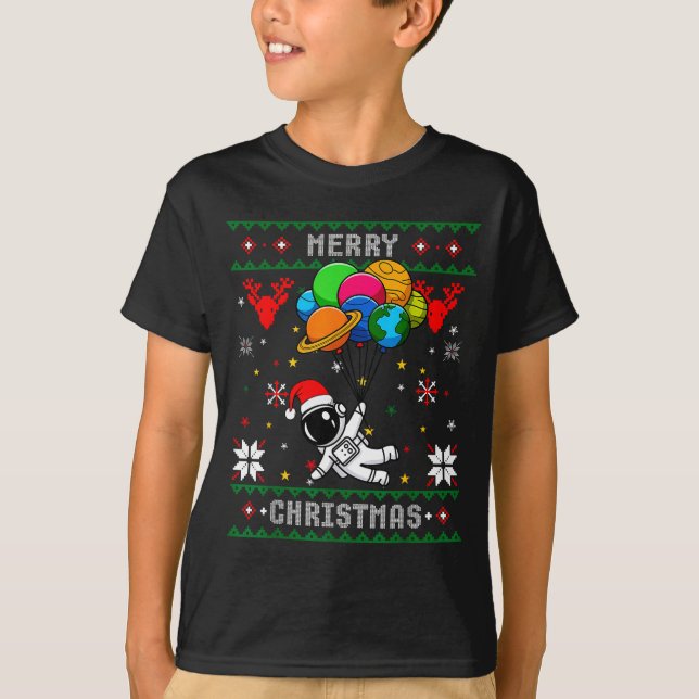 Ugly Merry Christmas Santa Hat Tree Astronaut Hold T-Shirt (Front)
