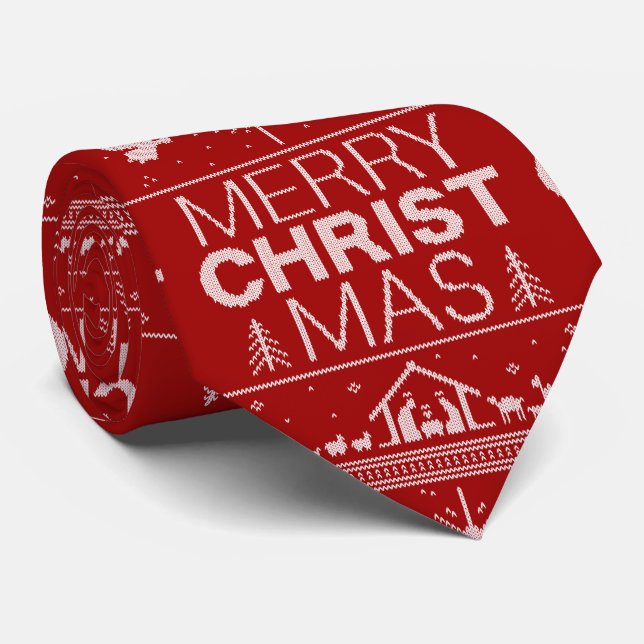Ugly Merry Christmas Sweater Christ God Christian Tie (Rolled)