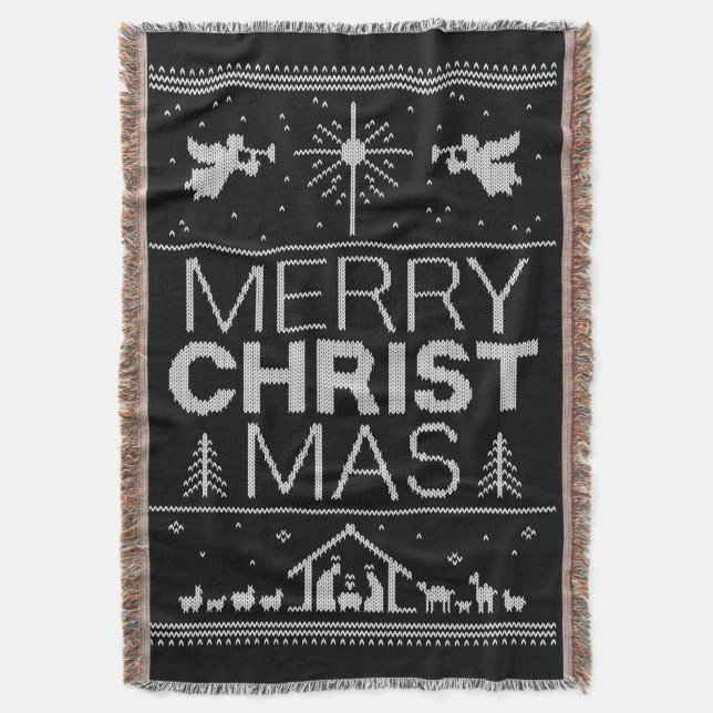 Ugly Merry CHRISTmas Sweater Christian Jesus God Throw Blanket (Front Vertical)