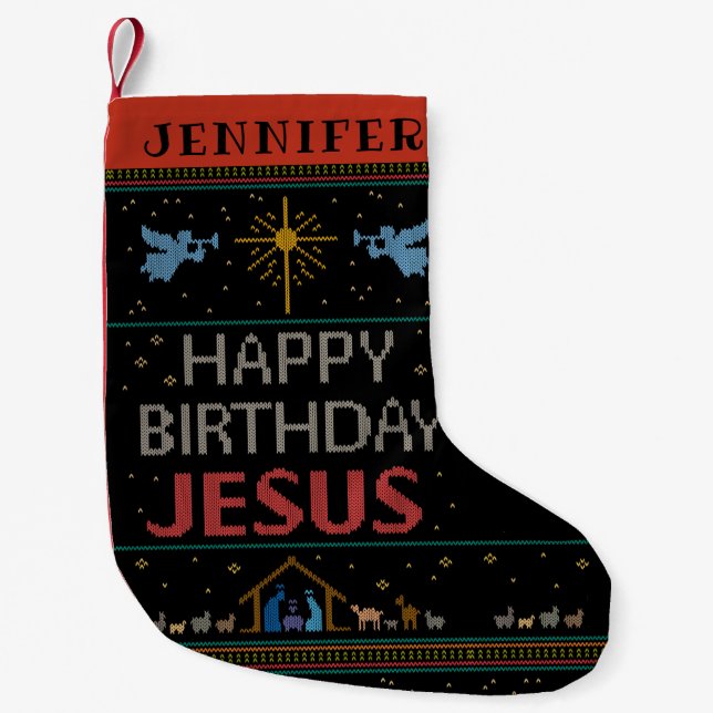 Ugly Merry Christmas Sweater Happy Birthday Jesus Small Christmas Stocking (Front)