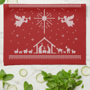 Ugly Merry Christmas Sweater Nativity Christian Tea Towel