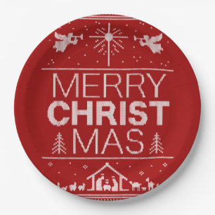 Ugly Merry Christmas Sweater  Religious Christ Red Paper Plate