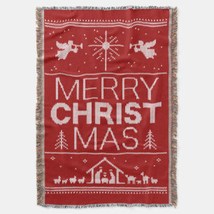 Ugly Merry CHRISTmas Sweater Religious Red White Throw Blanket