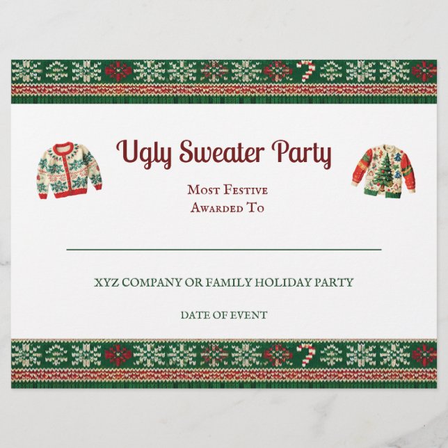 Ugly Sweater Award Party Certificate (Front)