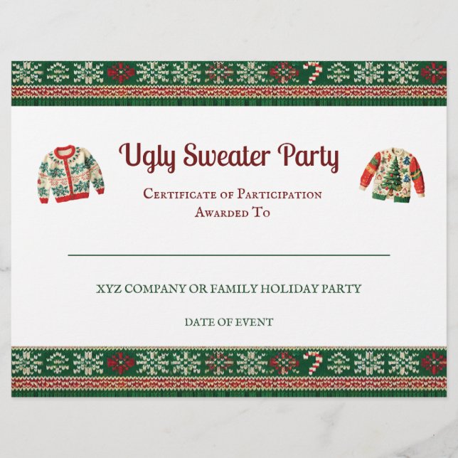 Ugly Sweater Award Party Certificate (Front)