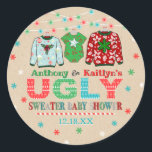 Ugly Sweater Christmas Baby Shower Classic Round Sticker<br><div class="desc">Celebrate in style with these trendy baby shower stickers. The design is easy to personalise with your own wording and your family and friends will be thrilled when they see these fabulous stickers.</div>