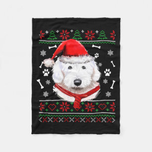Ugly Sweater Christmas Bobtail Dog Santa Hat Pajam Fleece Blanket