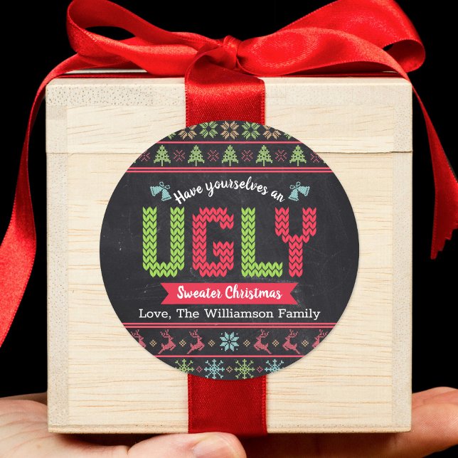 Ugly Sweater Christmas Chalkboard Nordic Knit Name Classic Round Sticker (Creator Uploaded)