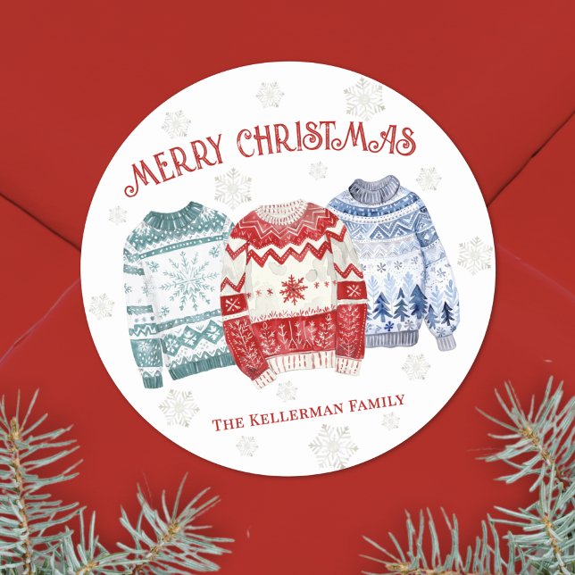 Ugly Sweater Christmas Classic Round Sticker (Festive Ugly Sweater Merry Christmas Classic Round Sticker)