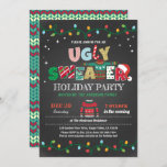Ugly sweater Christmas holiday party chalkboard Invitation<br><div class="desc">[All text are editable, except "UGLY SWEATER"] Get this stylish design now! Occasion: Christmas party, holiday party, housewarming party, baby shower, birthday party, retirement., etc. Theme: Christmas, ugly sweater, pajama party Style: modern, chic, cheerful, fun Colours: red, green, grey, festive colours Graphics: chalkboard background, typography, string light, Christmas sweater, faux...</div>