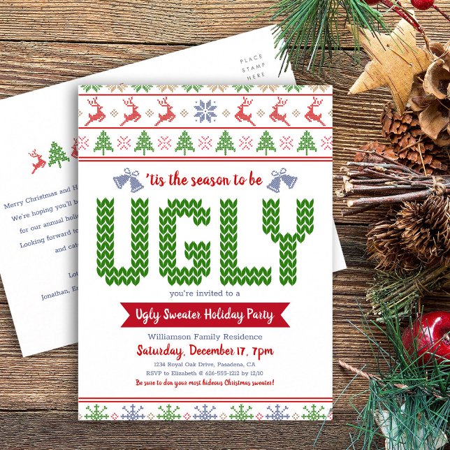 Ugly Sweater Christmas Holiday Party Fun Red Green Invitation Postcard (Creator Uploaded)