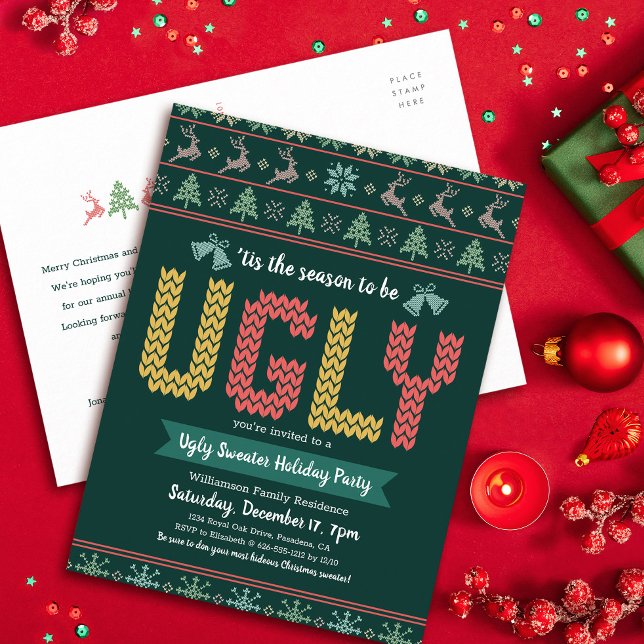 Ugly Sweater Christmas Holiday Party Hunter Green Invitation Postcard (Creator Uploaded)