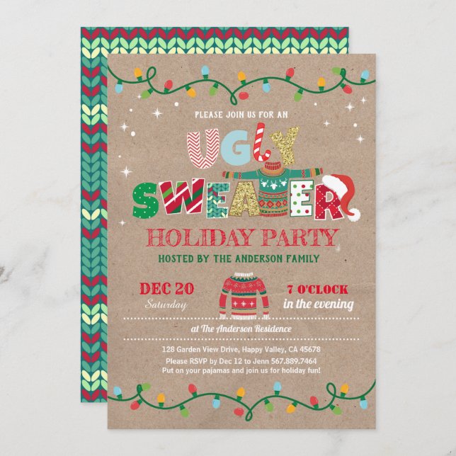 Ugly sweater Christmas holiday party rustic Invitation (Front/Back)