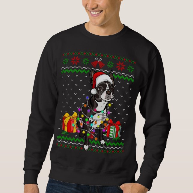 Ugly Sweater Christmas Lights Boston Terrier Dog L (Front)