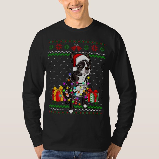 Ugly Sweater Christmas Lights Boston Terrier Dog L (Front)